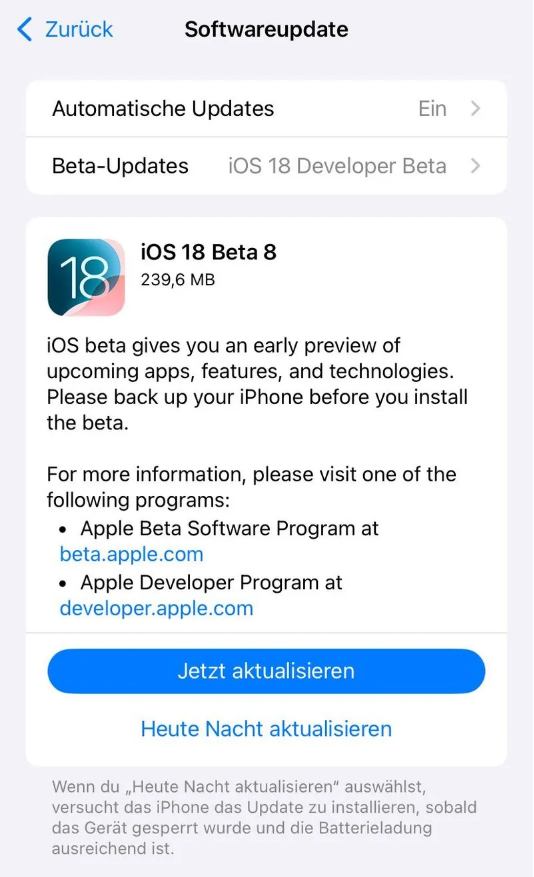 定南苹果手机维修分享苹果 iOS / iPadOS 18 开发者预览版 Beta 8 发布 